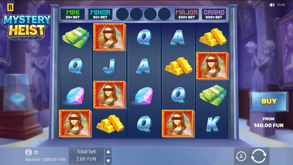 Interface do jogo de caça-níqueis Mystery Heist com tema de assalto
