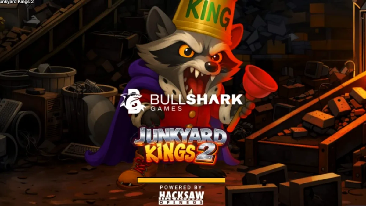 Interface do jogo de slot Junkyard Kings 2 com tema de guaxinim e ferro-velho